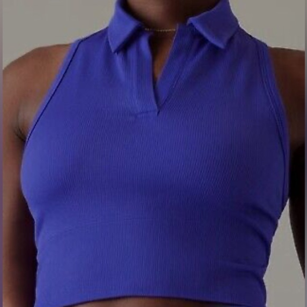 Sleeveless Ribbed Polo Crop Top - Cobalt Blue
